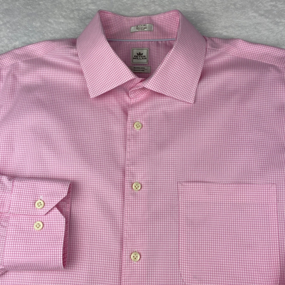 Peter Millar Nanoluxe Dress Shirt Mens 17.5 Long Pink Houndstooth Cotton L/S